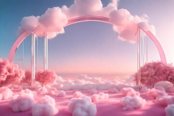 Cotton Candy Dreamscape 3D Rendered Podium Amidst Dreamlike Natural Skyline, Framed Metal Arch...