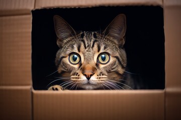 Curious tabby cat peeking out from inside a cardboard box, with focus on its wide eyes and whiskers.