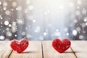 Fototapeta premium Valentine's Day card ideas Red and white heart snowflakes on a light wooden table, romantic holiday background card, love.