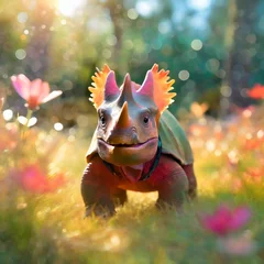 Photo sur Plexiglas Dinosaures Triceratops in the pink flower field
