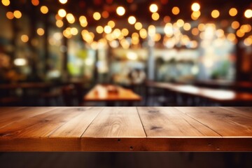 Wooden table in cafe restaurant with bokeh