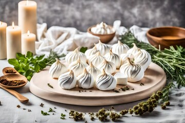 Fototapeta na wymiar Meringue homemade zephyr marshmallow with white round podium and season herbs on cotton tablecloth. Mockup card. Template for recipes or food menu