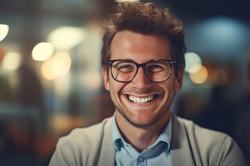 A happy smiling professional man, light blurry office background, closeup view 