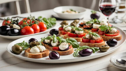Italian inspired veg food plate on a white wooden table in a restaurant showcase classics like caprese salad, eggplant Parmesan, bruschetta, and a bowl of olives