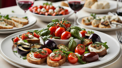 Italian inspired veg food plate on a white wooden table in a restaurant showcase classics like caprese salad, eggplant Parmesan, bruschetta, and a bowl of olives
