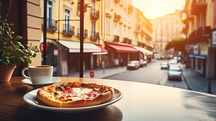 Vacations in Italy. Cup of espresso coffee with pieces of pizza with gorgeous italian street on the backdrop. - obrazy, fototapety, plakaty