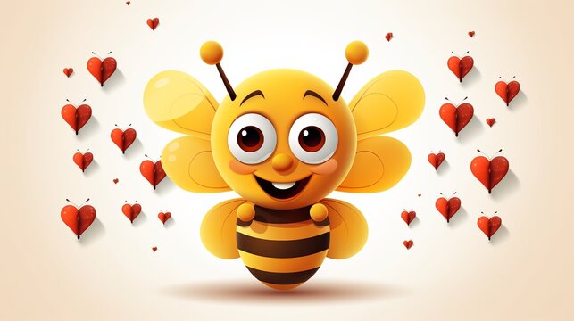 Valentine's Day background with a cartoon bee and a heart symbol on a white vector illustration background.