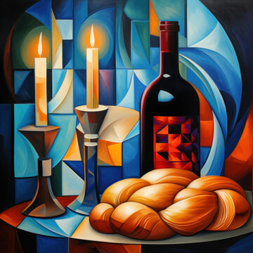 Shabbat evening, two candles, bottle of wine, Traditional Jewish religious Shabbat shalom ritual
