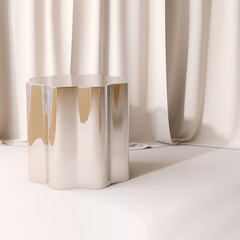 Shiny gold modern design flower shape podium table on floor with beige drapery curtain in background for luxury beauty, cosmetic, skincare, body care, fashion product display 3D