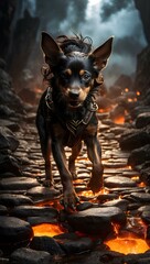 Loki's Fiery Leap A Daring Dog's Adventure Across Stepping Stones Through a Pool of Lava - obrazy, fototapety, plakaty