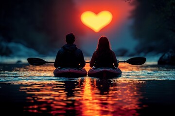 couple enjoying a tandem kayak ride, paddling through heart-shaped reflections on a tranquil lake