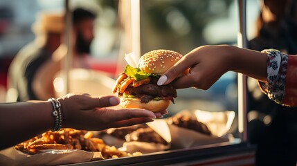 Woman hand grabbing for a burger at food truck. Closeup of food truck salesperson handing burger to female customer. - obrazy, fototapety, plakaty