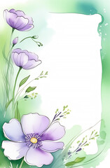 watercolor drawing banner with place for text purple flowers green background