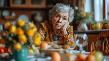 lonely senior woman sits on the festive easter table 