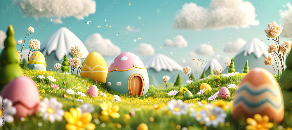 Wall mural banner cartoon illustration of easter eggs 