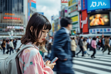Capturing the essence of Tokyo: A Japanese female navigates through the crowded Shibuya Crossing, symbolizing the fast-paced urban lifestyle