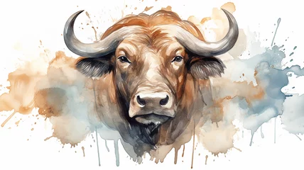 Foto op Plexiglas bull, watercolor portrait of a buffalo, spots of liquid paint isolated on a white background © kichigin19