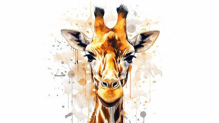 giraffe portrait, watercolor illustration on a white background, liquid paint spots, print for design