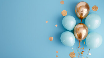 Blue gold foil balloons on a pastel blue background card with copy space