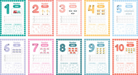 Learning cards with numbers for kids education. Learn numbers from one to ten for preschoolers. Vector