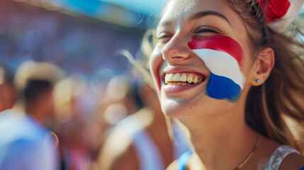 Happy Dutch woman supporter with face painted in Netherlands flag colors, blue white and red, Dutchwoman fan at a sports event such as football or rugby match, blurry stadium background, copy space