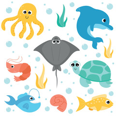 Set with hand drawn sea life animals. Underwater world and undersea world. Vector cartoon illustration