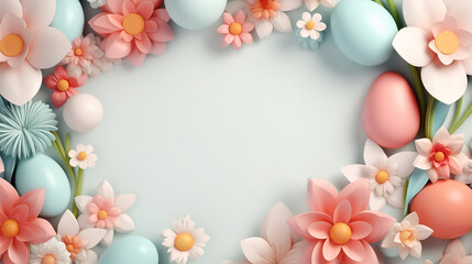 Fototapeta na wymiar Easter card in the form of a frame for text from flowers and eggs, cartoon 3d style, pink and blue tones