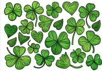 Hand drawn watercolor shamrock four leaf clover collection
