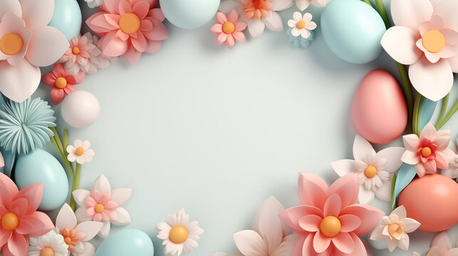 Easter card in the form of a frame for text from flowers and eggs, cartoon 3d style, pink and blue tones