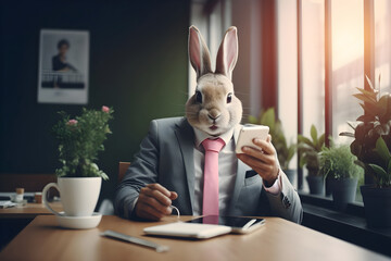 rabbit businessman in suit sits in office and using mobile phone, Generative AI