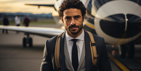 portrait of a businessman with a jet plane