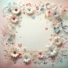Top view photo with flowers and hearts in light colors, Al Generation