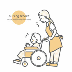 車椅子のシニア女性と若い介護士　シンプルでお洒落な線画イラスト