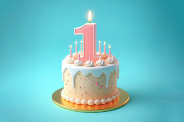 Birthday cake with number 1 on top isolated on solid color background. ai generative