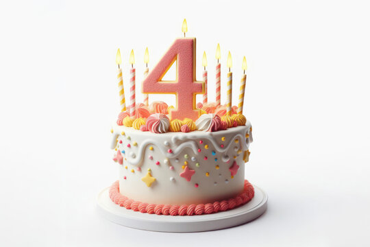 Birthday cake with number 4 on top isolated on solid white background. ai generative
