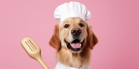 A dog wearing a chefs hat and with a spatula