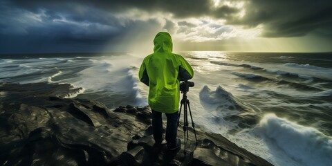 A photographer takes pictures of the stormy sea