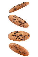 Levitation of cookies with chocolate drops isolated on a transparent background.