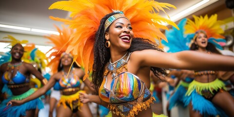 A group of Brazilian samba dancers in carnaval - obrazy, fototapety, plakaty