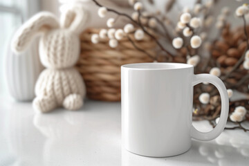Easter blank mug POD product mockup with empty space on table with yarn wool knitted toy bunny, basket and flowers in the background for creative crafting earthy rural farmhouse boho style marketing  - obrazy, fototapety, plakaty