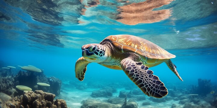 A graceful sea turtle glides effortlessly underwater