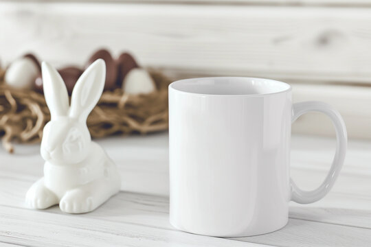Easter Ceramic Bunny Rabbit mug POD product mockup with blank space on plain white table with chocolate egg nest in the background for rustic rural farmhouse boho style marketing 