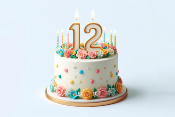 Birthday cake with number 12 on top isolated on solid white background. ai generative