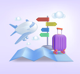The concept of tourism and travel, vacation, travel around the world.
 3d image of an airplane, a suitcase on a light background.
 Vector, template for the banner.