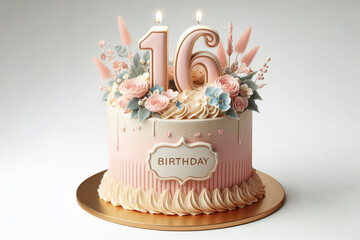 Birthday cake with number 16 on top isolated on solid white background. ai generative - obrazy, fototapety, plakaty