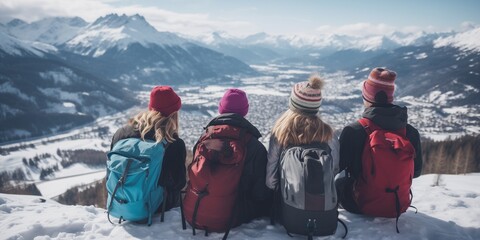 Winter adventures of a group of friends outdoors in the mountains