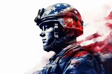 Patriotic soldier with American flag overlay on isolated white background with copy space, symbolizing military service and national pride.