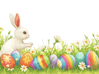 illustration of cute bunny hiding on green grass with colorful easter eggs background