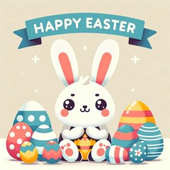 Fototapeta premium illustration of charming white bunny with Easter eggs. The bunny is cute cartoon style, giving the artwork a cheerful and festive vibe, perfect for Easter celebrations cute greeting card clipart