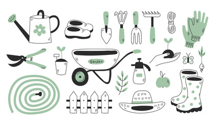 Gardening items doodle set. Hand drawn collection of tools and equipment for garden work. Modern springtime and summertime vector illustration with wheelbarrow, watering can, gumboots